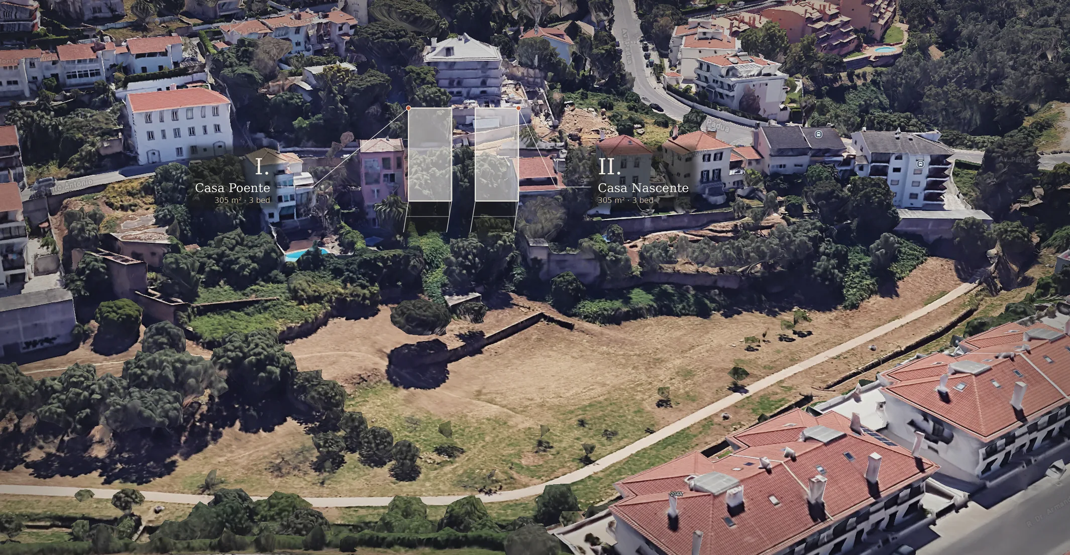Aerial photograph of the Castelhana Valley plot with the two houses shown in indicative massing — Casa Poente to the west, Casa Nascente to the east.